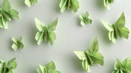 Compose a vivid scene description inspired by an image of delicate light green paper meticulously folded into intricate bee-themed origami against a pristine white background