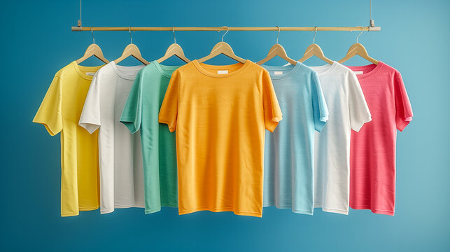 Colorful t-shirts hanging on wooden hangers against blue wall background. Collection of white and colorful t-shirts mockup hanging in row on rack.