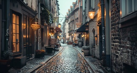 Narrow, cobblestone alleyway in an old city, lined with historic buildings and flickering street...