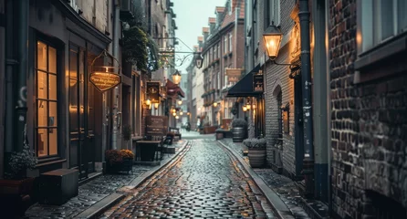 Gartenposter Narrow, cobblestone alleyway in an old city, lined with historic buildings and flickering street lamps, inviting exploration. © radekcho