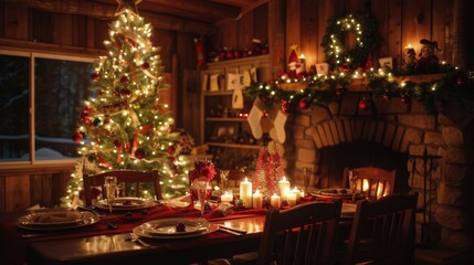 Fototapeta na wymiar Dining Room Table With Christmas Tree