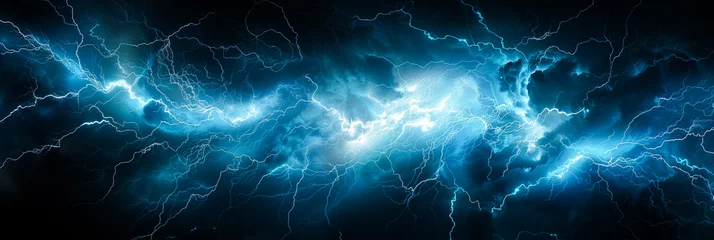 Foto op Plexiglas Lightning strike on black banner background. Electric flash light effect. Vector illustration of thunderstorm with blue lightning bolt.  © Andrii