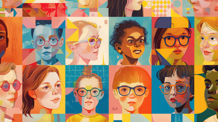 Art portraits of various children with down syndrome, autism, and vitiligo disease