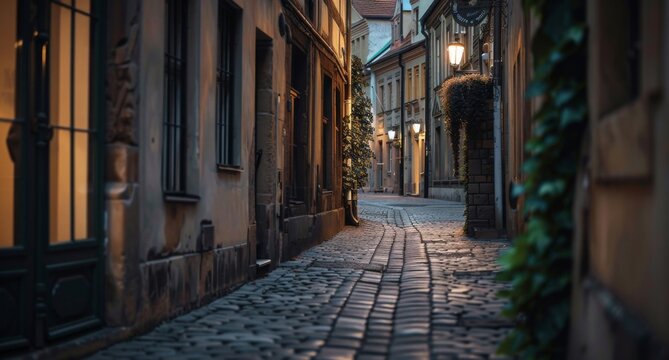 Narrow, cobblestone alleyway in an old city, lined with historic buildings and flickering street lamps, inviting exploration.