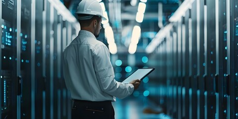 Engineer manager overseeing maintenance with digital tablets showcasing expertise in the industry. Concept Maintenance Management, Engineering Expertise, Digital Technology, Industrial Operations