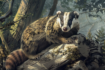 A badger is sitting on a rock in a forest - obrazy, fototapety, plakaty
