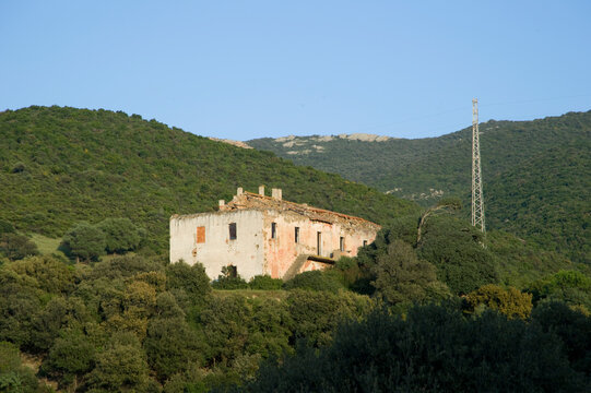 Industrial buildings and machine of abandoned Mine of Montevecchio in Sardinia, Arbus, Guspini, Italy, Piscinas Ingurtosu. Medio Campidano, Sardegna, Italy