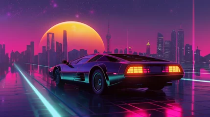 Poster A sci-fi background reminiscent of the 80s era, featuring a futuristic retro car, capturing the essence of retro-future aesthetics. © Azad