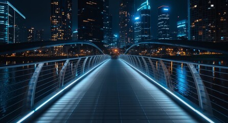 Night view of an urban bridge illuminated by LED lights, creating a futuristic pathway across the water.