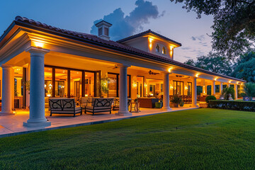 A panoramic view of a sophisticated luxury residence in the evening, featuring radiant interior lights, elegant patio furniture on the covered porch, and an impeccably manicured lawn.