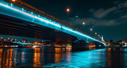 Fototapeta na wymiar Night view of an urban bridge illuminated by LED lights, creating a futuristic pathway across the water.