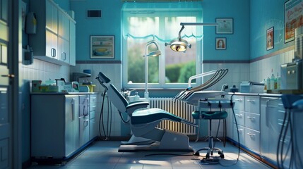 A dental clinic room with a chair and dental tools 