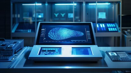 A fingerprint analysis station with a digital scanner --ar 16:9 Job ID: 5142714b-87a3-4301-b0e8-bf99465776f2
