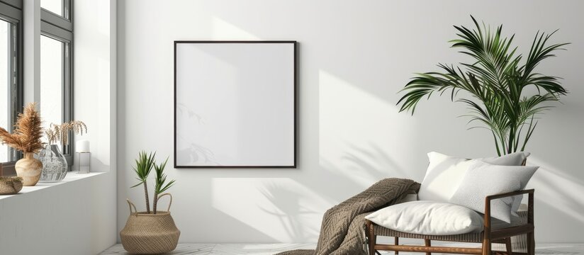Empty picture frame mockup on a white wall, featuring artwork in interior design within a modern boho-style space with a poster template.