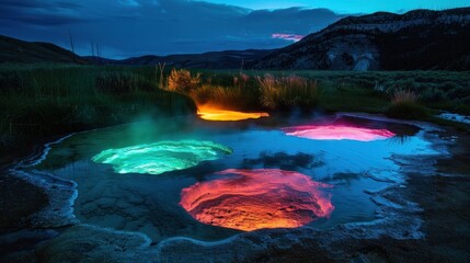 A series of natural hot springs that glow with different colors at night - obrazy, fototapety, plakaty