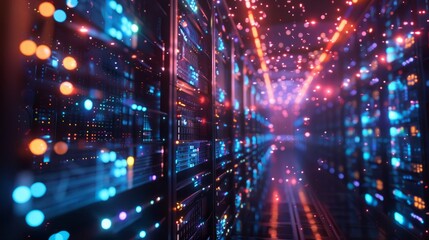 Obraz premium A server room with rows of computers and blinking lights
