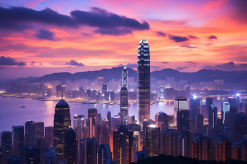 Evening Serenade - A Majestic Sunset Over GZ Skyline with Skyscrapers Embracing Twilight Hues