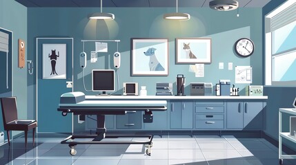 A veterinary clinic room prepared for animal patients
