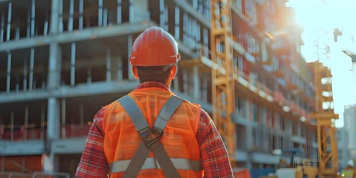 Construction engineer in safety gear supervising building construction at a site from behind. Concept Construction, Engineer, Safety Gear, Building Construction, Site Supervision