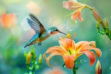 Tuinposter hummingbird feeds on the nectar of languor flowers © Iryna