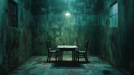 An empty interrogation room with a table and two chairs - obrazy, fototapety, plakaty