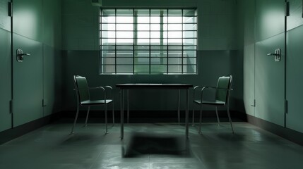 An empty interrogation room with a table and two chairs