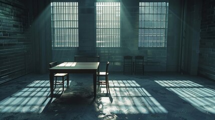 An empty interrogation room with a table and two chairs