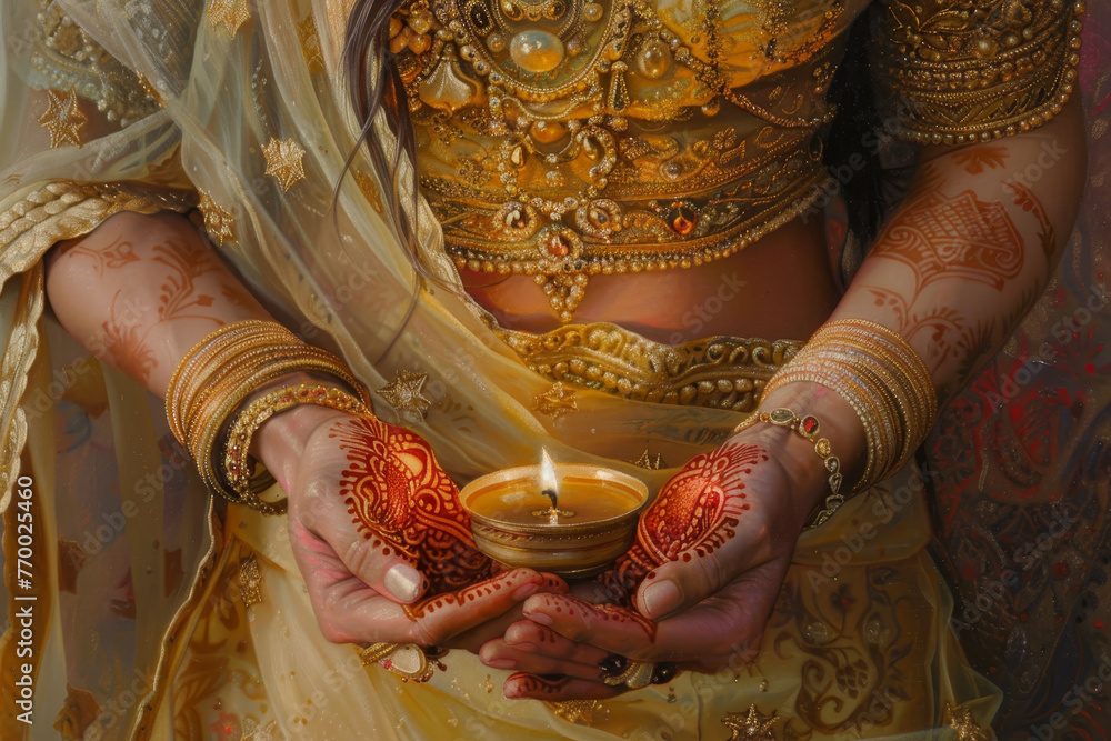 Wall mural A woman wearing gold jewelry and holding a lit candle in her hands