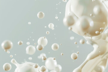 Milk being poured with splash and droplets suspended in the air, depicted against a soft grey background
