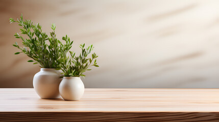 empty wooden table top with plant on it with no background or frame