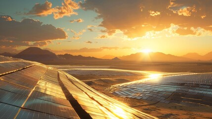 Solar panels covering a desert, glowing with absorbed sunlight
