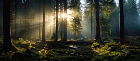 The sunlight filters through the trees in the dense forest, creating a mesmerizing natural landscape with a play of light and shadow - obrazy, fototapety, plakaty