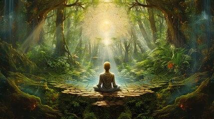 A lone figure meditating in a beautiful forest