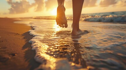 Close up of a woman's feet walking on the beach at sunset, a beautiful seascape with waves and golden light in the style of a summer vacation concept. Low angle feet view at beach