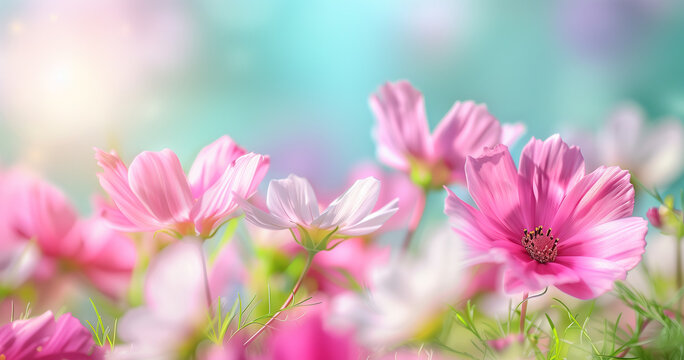 Spring Bliss: Delicate Pink Cosmos Flowers Bathed in Soft Sunlight - Dreamy Garden Background for Invigorating Design and Fresh Concepts
