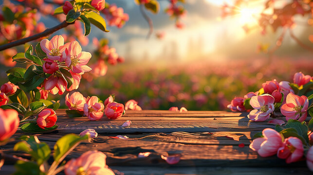 Spring Awakening: Blooming Apple Orchard Over Rustic Wooden Table - Enchanting Nature Scene for Serene Home Ambiance