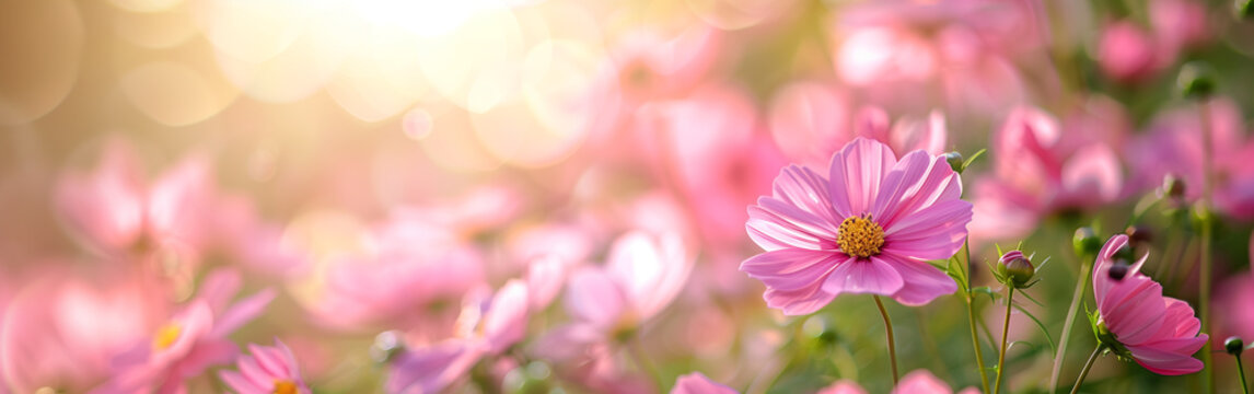 Golden Hour Splendor: Delicate Pink Cosmos Flowers Bathed in Warm Sunlight