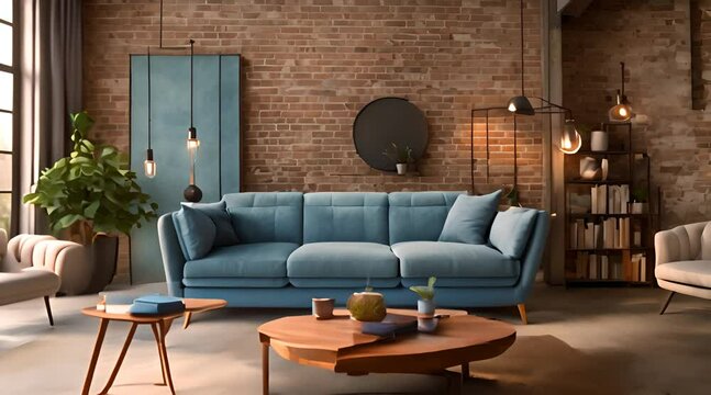 Modern interior of loft apartment Living room with blue shabby leather sofa over wooden and brick wall Home design 3d animation rendering