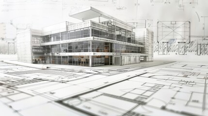 An architectural drawing of an impressive commercial building, depicted on white paper, intended as a concept for a T-shirt design - obrazy, fototapety, plakaty
