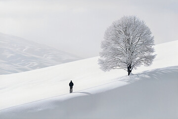 Solitary Figure on Snowy Peak - obrazy, fototapety, plakaty