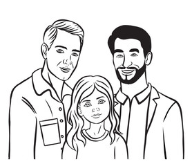 Family containing two fathers and a smart adopted daughter. Family portrait style illustration. isotated on transparent background.