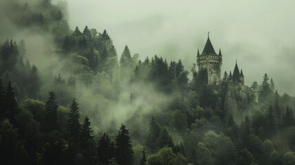 A castle tower peeking above a thick, misty forest - obrazy, fototapety, plakaty