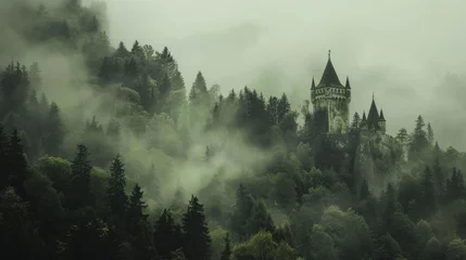 Gartenposter A castle tower peeking above a thick, misty forest © Chingiz