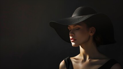 Beautiful young mysterious girl in a black hat. The eyes are covered by a hat. Fashion, beauty. Retro fashion