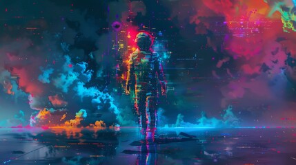 A pixelated computer glitch-shaped figure walking in space, painted with vibrant phosphorus neon colors - obrazy, fototapety, plakaty
