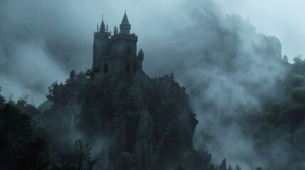 A castle tower peeking above a thick, misty forest - obrazy, fototapety, plakaty