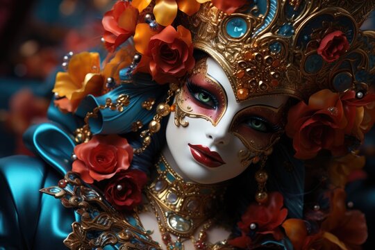 Old style Mystery venetian mask with flowers Generative AI