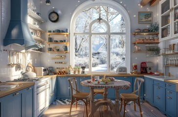 Sunny kitchen with arched windows, a white and blue color scheme. A snowy landscape outside the...