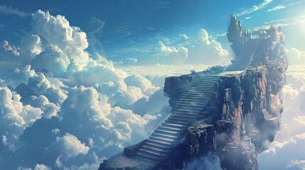 A cliff overlooking a sea of clouds, with a stairway leading into the sky