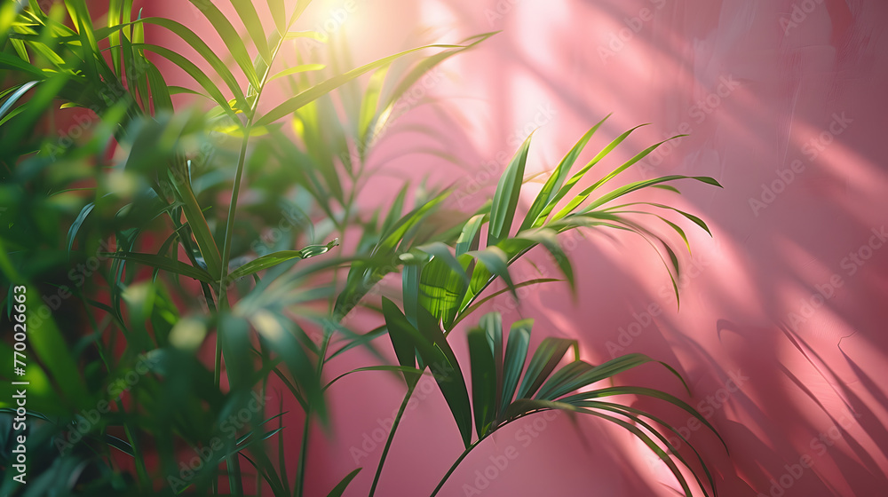 Poster blurred shadow from palm leaves on the light pink wall. minimal abstract background for product pres